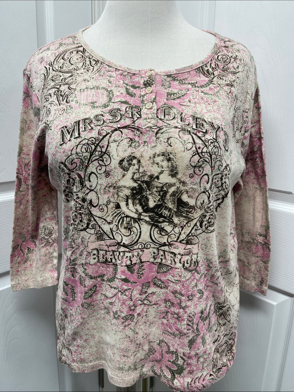 Tapemeasure Floral Beauty Parlor Rhinestone Shirt XL